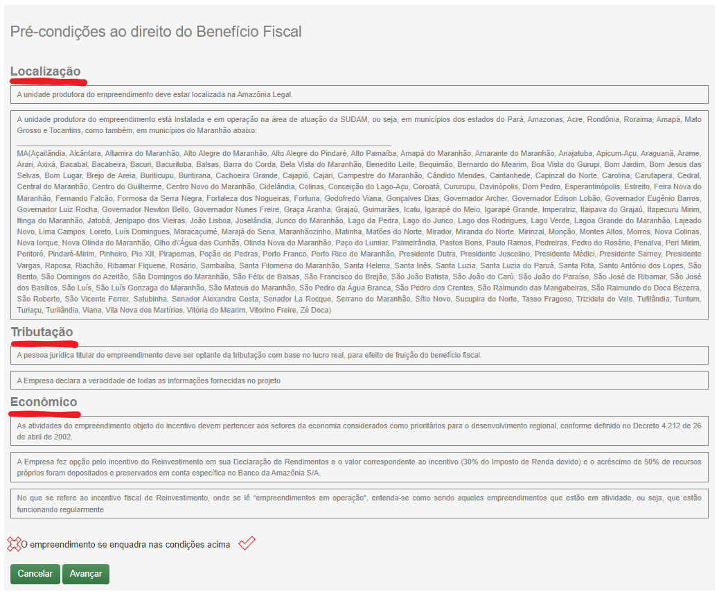 Tela inicial Pleitos Incentivos Resposta Não