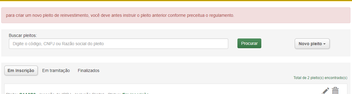 Tela inicial Pleitos Incentivos Verificação
