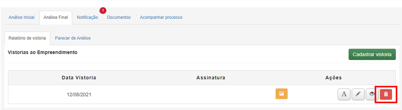Botão Excluir Vistoria - Analista