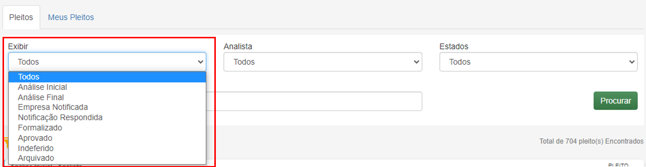 FILTRO EXIBIR - LISTAGEM ANALISTA