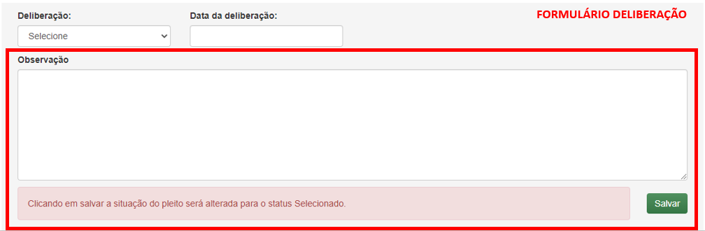observação Formulario Deliberar Pleito