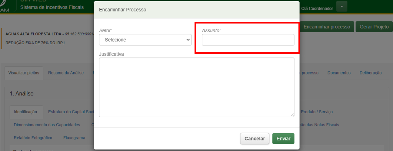 Assunto Formulário Encaminhar Processo - Coordenador