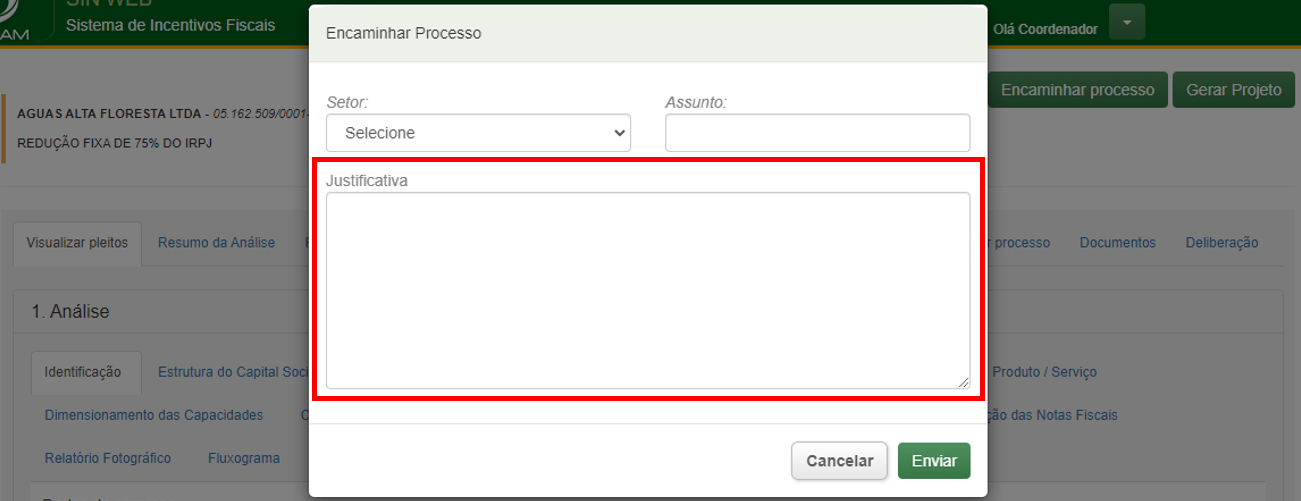 justificativa Formulário Encaminhar Processo - Coordenador