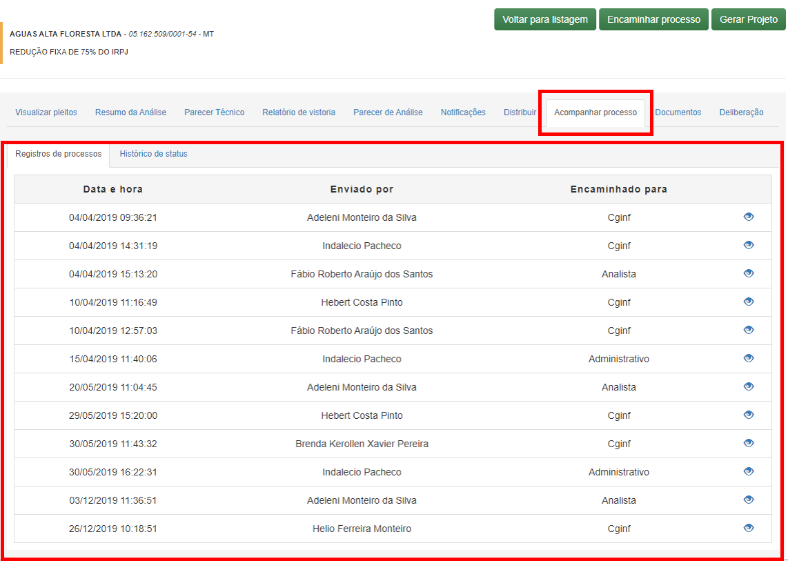 Acompanhamento Encaminhar Processo - Analista