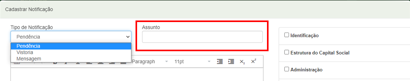 Assunto Notificação Cadastrar Notificação Empresas