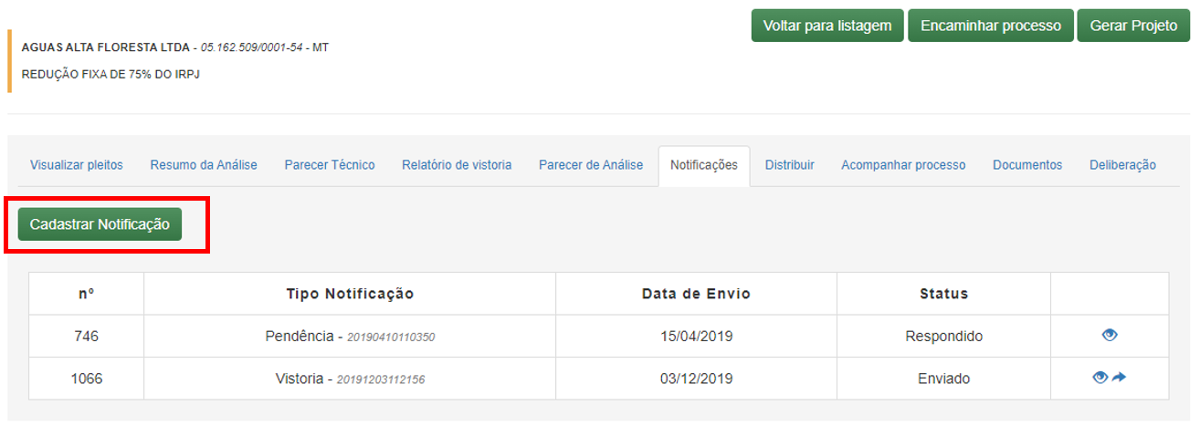 Botão Cadastrar Notificação Empresas