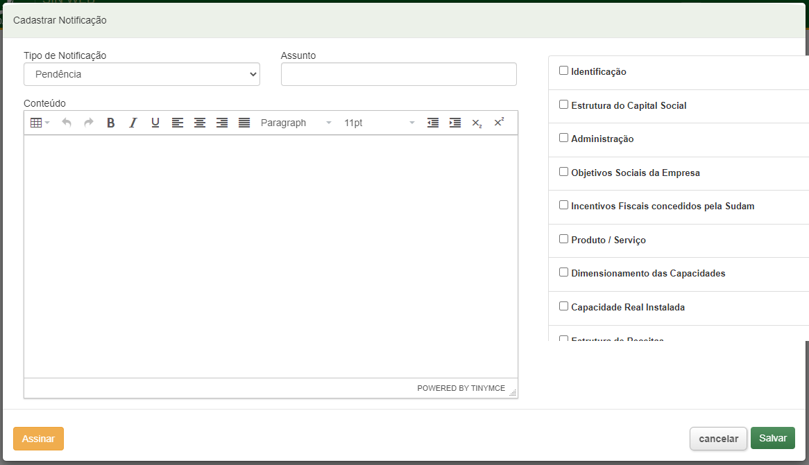 layout Cadastrar Notificação Empresas